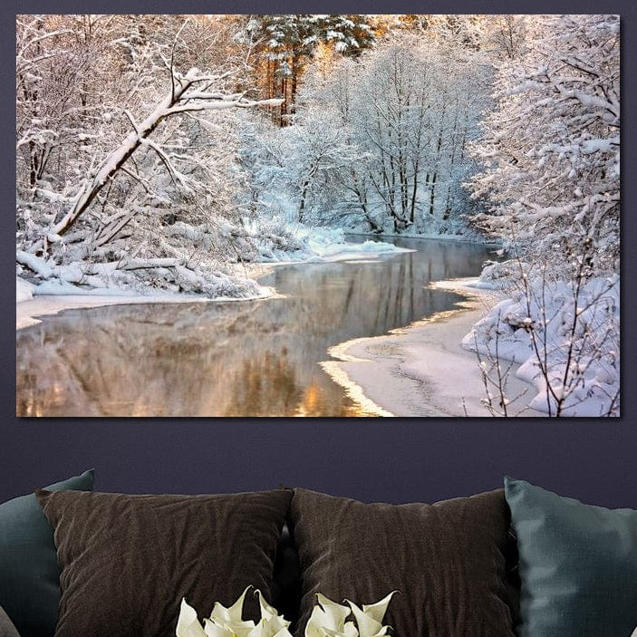 Tablou Canvas Premium, LuxCanva® D1090, Natura Cristalina, Inghetat, Liniste, Copaci, Lac, Zapada, Padure, Reflexii, Apus, Peisaj, Auriu, Apa, Frumusete, Argint, Nordic, Frig, Camera Copil, Living, Dormitor