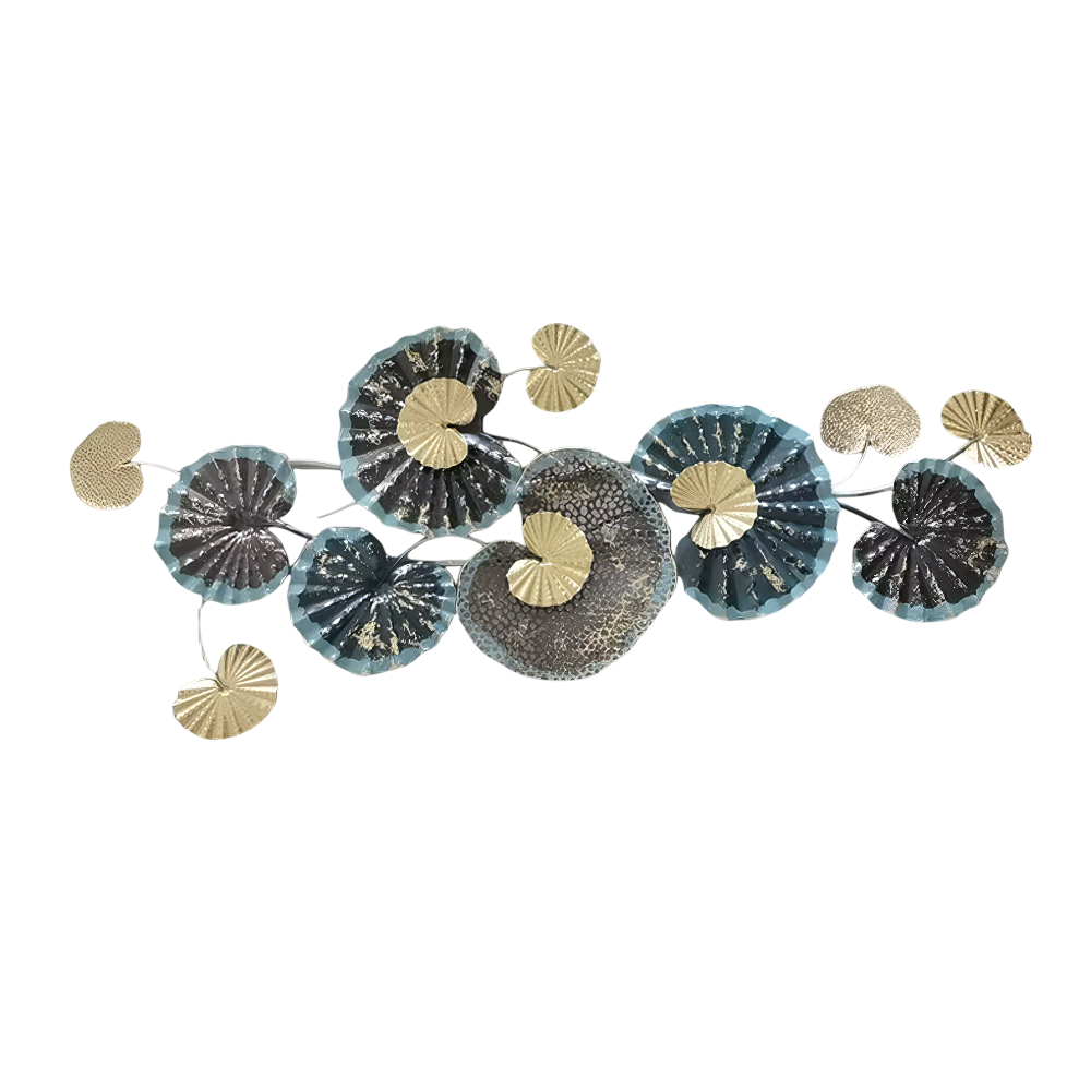 Decoratiune Metalica de Perete LuxCanva® Ocean Flowers A2412, din Metal, Albastru, Orizontala, Auriu, Argintiu, Dimensiune Mare 140 x 60 cm