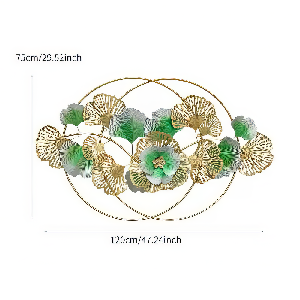 Decoratiune Metalica de Perete LuxCanva® Golden Bloom A0821, din Metal, Orizontala, Auriu, Verde, Gri, Dimensiune Mare 120 x 75 cm