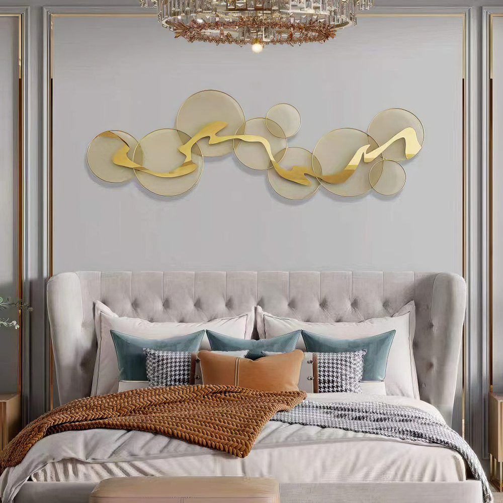 Decoratiune Metalica de Perete LuxCanva® Golden Flow A2525, din Metal, Orizontala, Auriu, Dimensiune Mare 180 x 68 cm