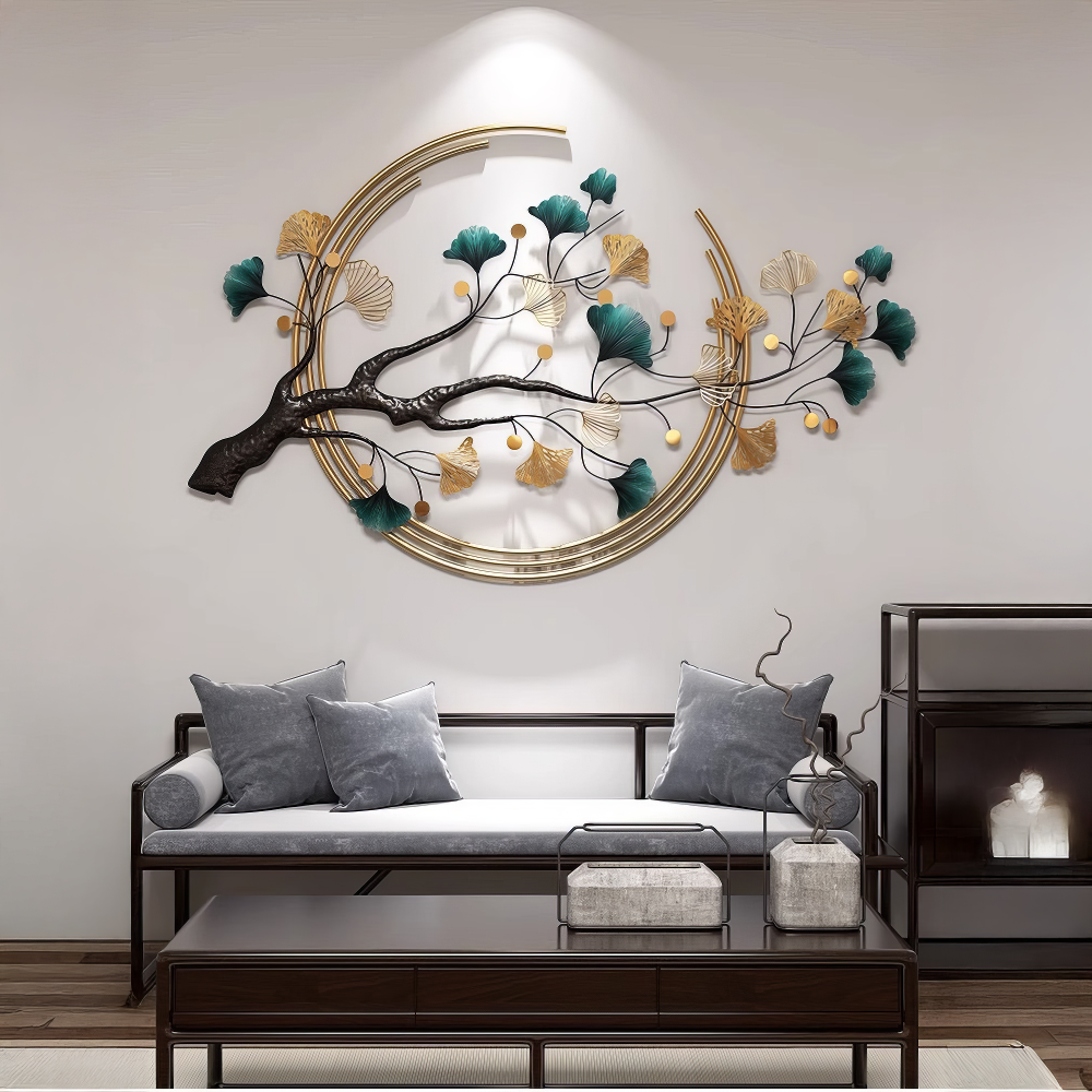 Decoratiune Metalica de Perete LuxCanva® Aurora Branch A0899, din Metal, Orizontala, Auriu, Verde, Negru, Dimensiune Mare 60 × 110 cm