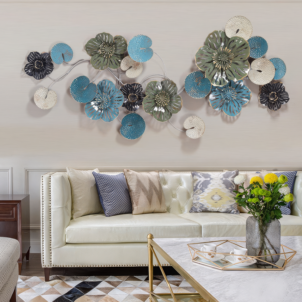 Decoratiune Metalica de Perete LuxCanva® OceanWhisper A0391, din Metal, Orizontala, Albastru, Auriu, Alb, Negru, Dimensiune Mare 157 x 70 x 7 cm