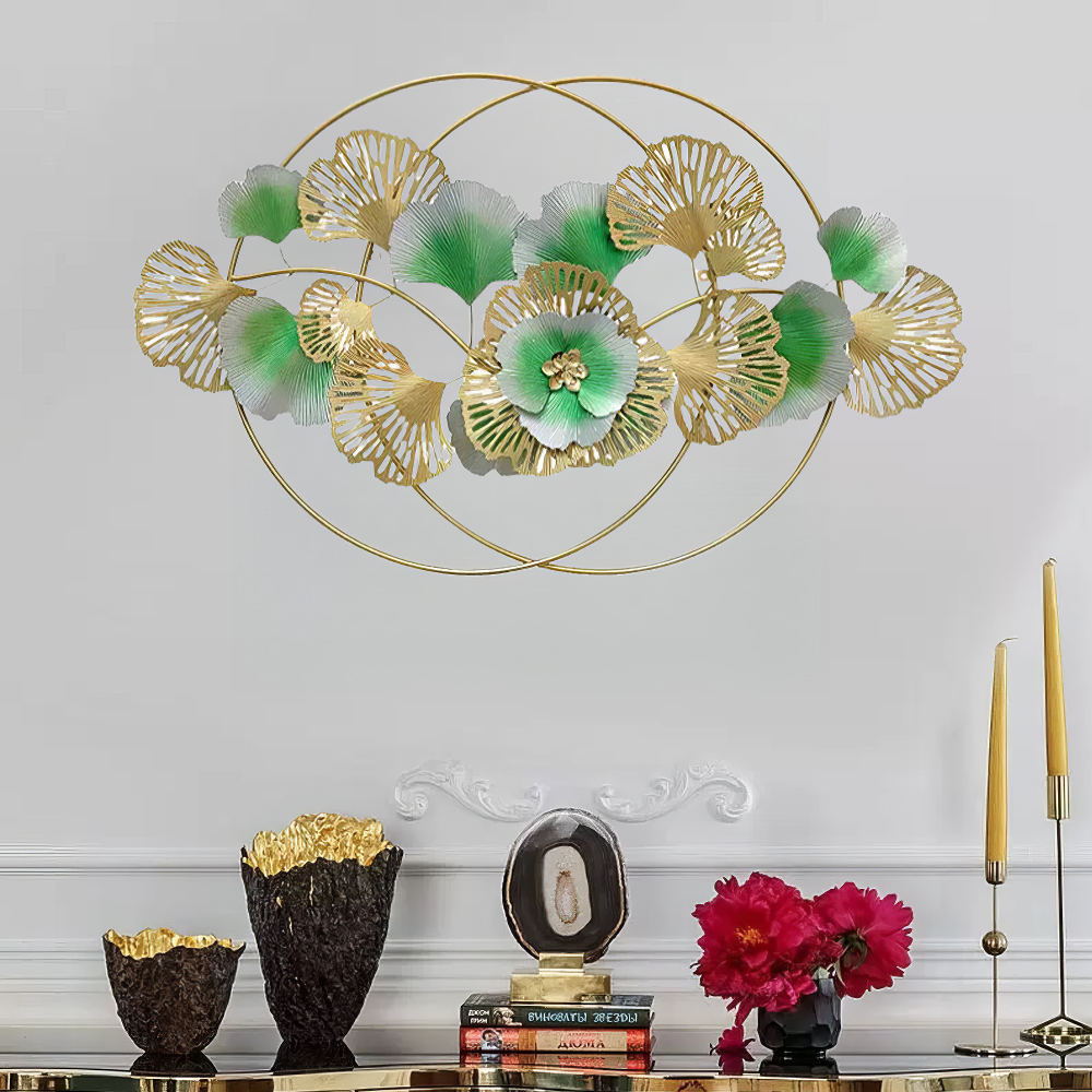 Decoratiune Metalica de Perete LuxCanva® Golden Bloom A0821, din Metal, Orizontala, Auriu, Verde, Gri, Dimensiune Mare 120 x 75 cm