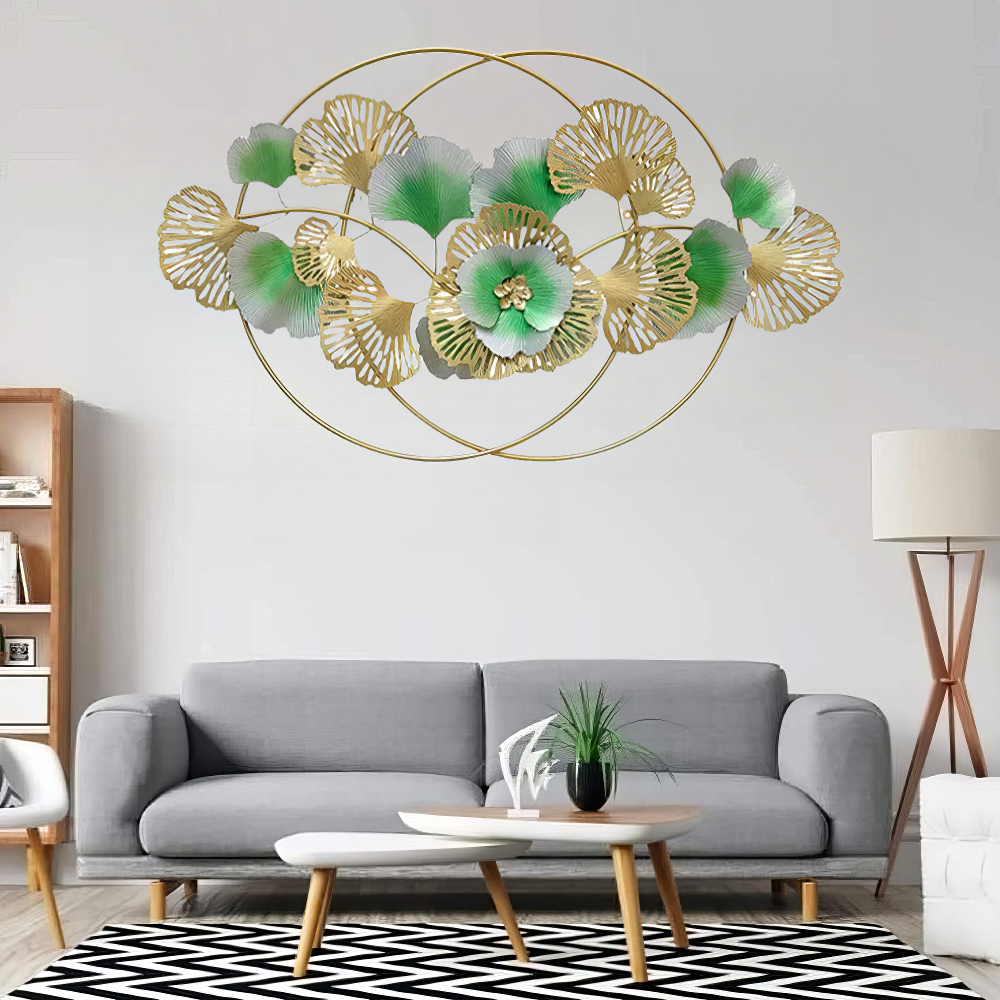 Decoratiune Metalica de Perete LuxCanva® Golden Bloom A0821, din Metal, Orizontala, Auriu, Verde, Gri, Dimensiune Mare 120 x 75 cm