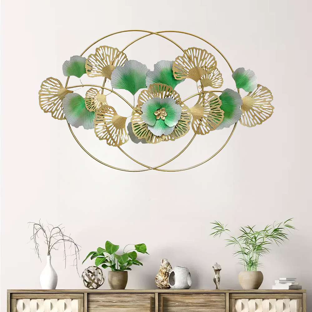 Decoratiune Metalica de Perete LuxCanva® Golden Bloom A0821, din Metal, Orizontala, Auriu, Verde, Gri, Dimensiune Mare 120 x 75 cm