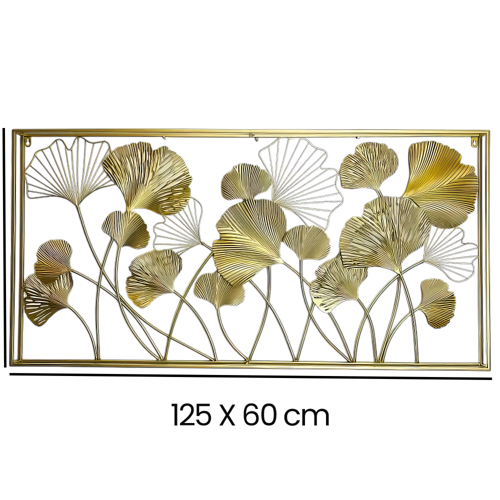 Decoratiune Metalica de Perete LuxCanva® GinkgoAura A0823, din Metal, Orizontala, Auriu, Dimensiune Mare 125 x 60 cm