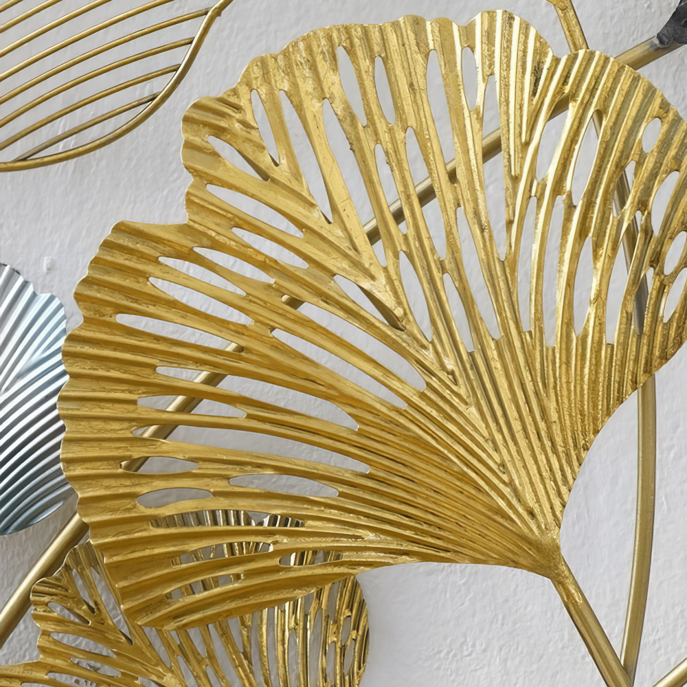 Decoratiune Metalica de Perete LuxCanva® GinkgoAura A0823, din Metal, Orizontala, Auriu, Dimensiune Mare 125 x 60 cm