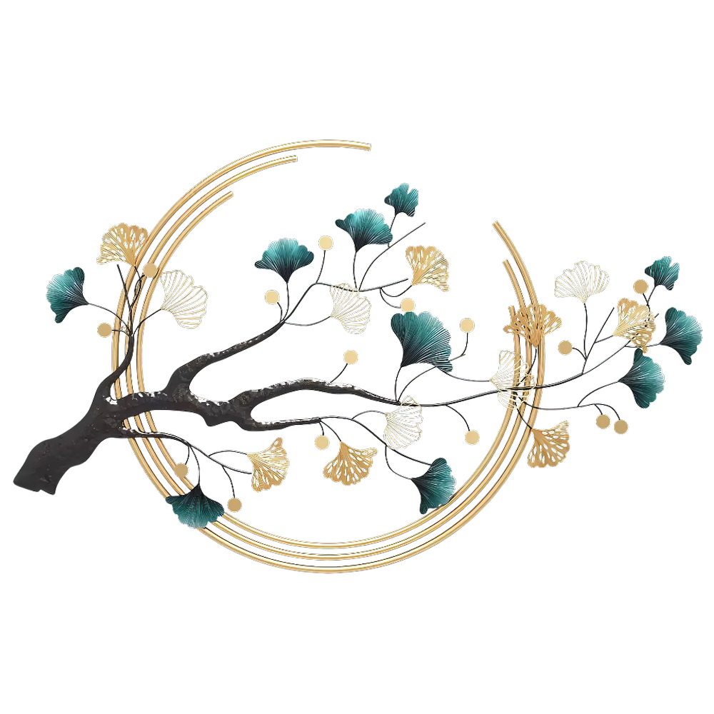 Decoratiune Metalica de Perete LuxCanva® Aurora Branch A0899, din Metal, Orizontala, Auriu, Verde, Negru, Dimensiune Mare 60 × 110 cm