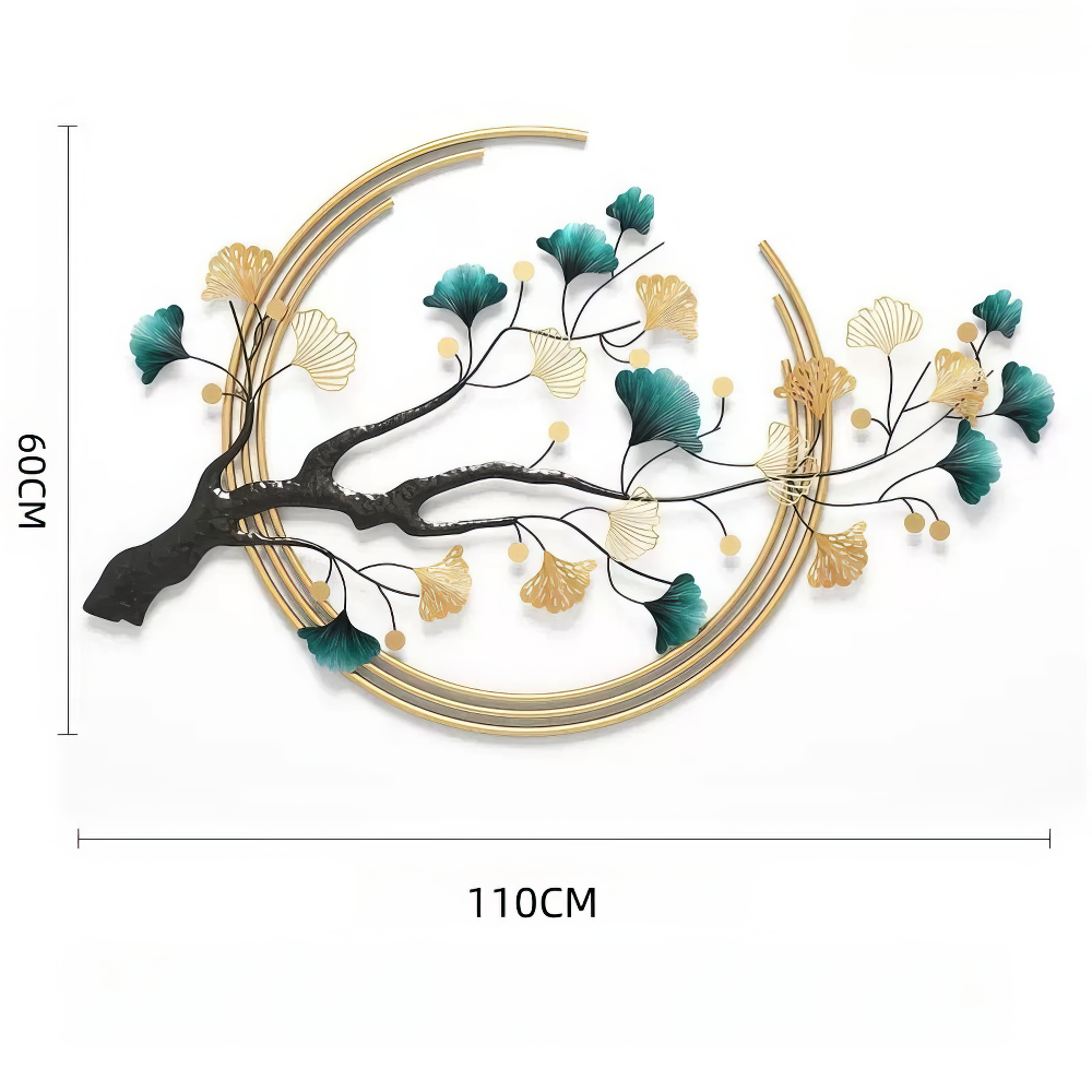 Decoratiune Metalica de Perete LuxCanva® Aurora Branch A0899, din Metal, Orizontala, Auriu, Verde, Negru, Dimensiune Mare 60 × 110 cm