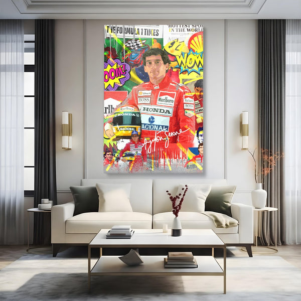 Tablou Canvas Premium LuxCanva® A1022, Ayrton Senna , Decorativ, Pilot Curse, Formula 1, Campion, Culori Vibrante