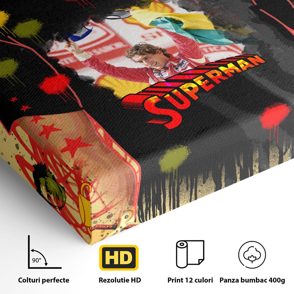Tablou Canvas Premium LuxCanva® A1023, Ayrton Senna , Decorativ, Pilot Curse, Formula 1, Campion, Culori Vibrante