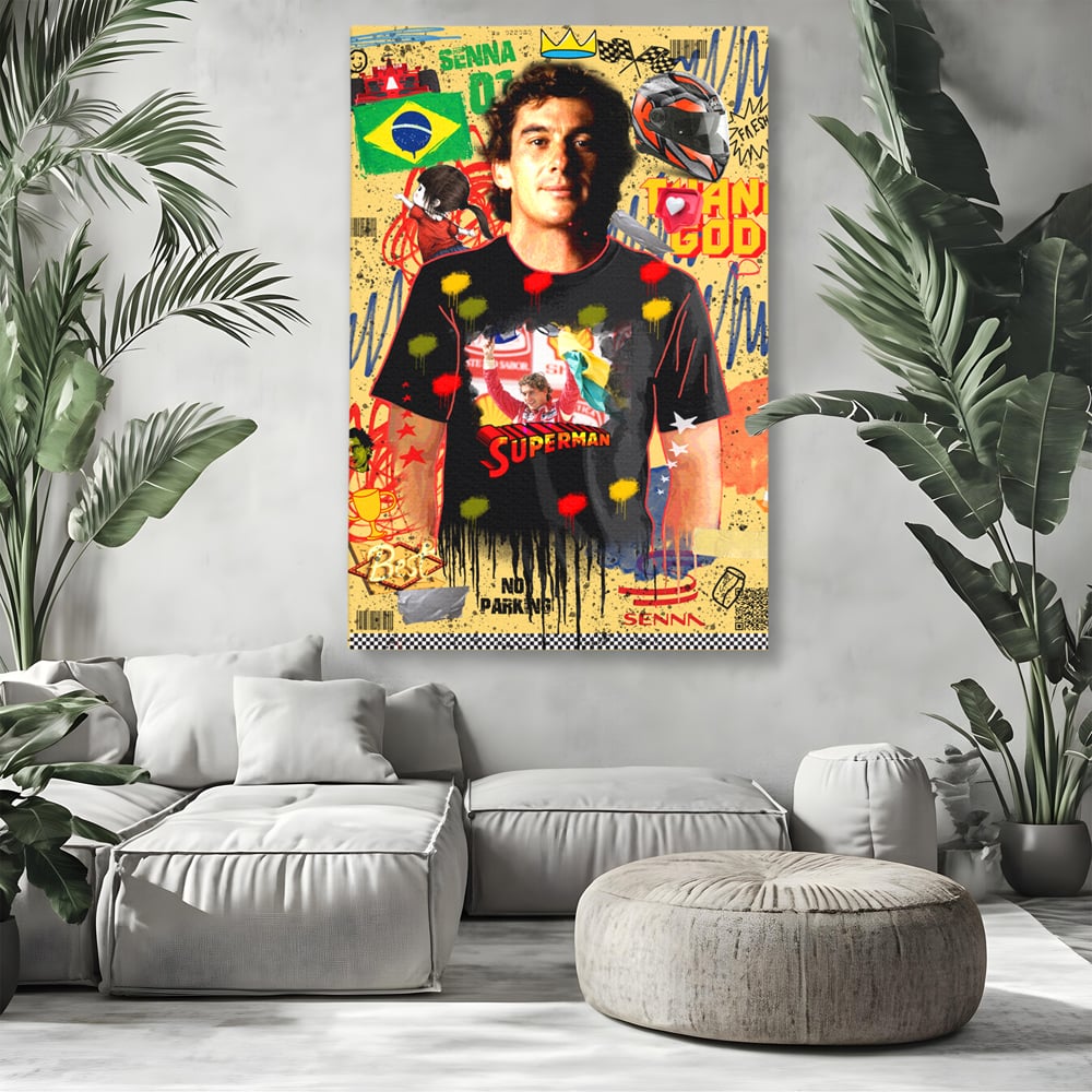 Tablou Canvas Premium LuxCanva® A1023, Ayrton Senna , Decorativ, Pilot Curse, Formula 1, Campion, Culori Vibrante