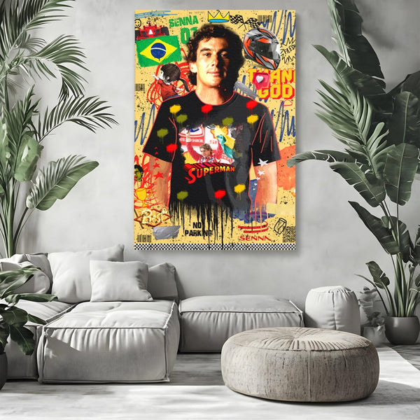 Tablou Canvas Premium LuxCanva® A1023, Ayrton Senna , Decorativ, Pilot Curse, Formula 1, Campion, Culori Vibrante