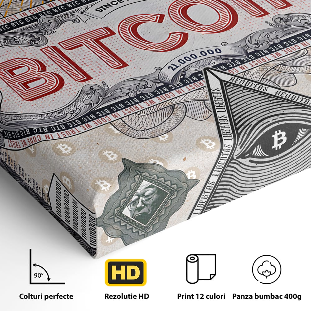 Tablou Canvas Premium LuxCanva® A1028, Bitcoin , Decorativ, Criptomoneda, BTC, Motivational, Culori Vibrante