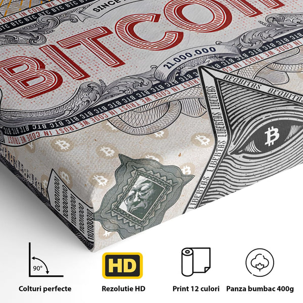 Tablou Canvas Premium LuxCanva® A1028, Bitcoin , Decorativ, Criptomoneda, BTC, Motivational, Culori Vibrante