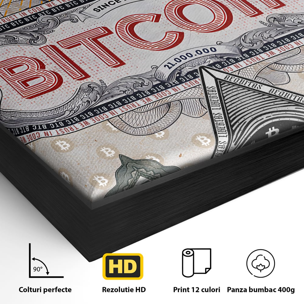 Tablou Canvas Premium LuxCanva® A1028, Bitcoin , Decorativ, Criptomoneda, BTC, Motivational, Culori Vibrante