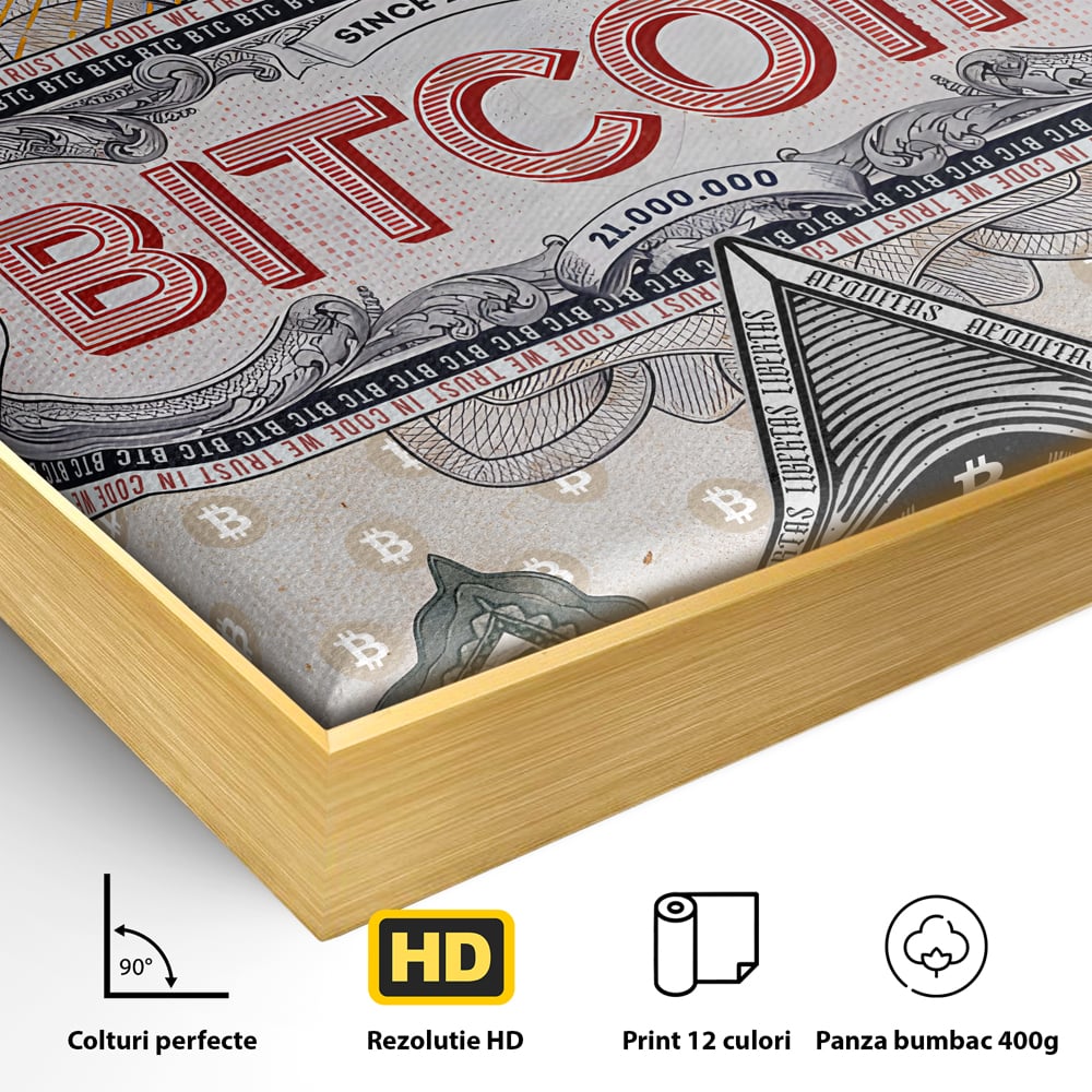 Tablou Canvas Premium LuxCanva® A1028, Bitcoin , Decorativ, Criptomoneda, BTC, Motivational, Culori Vibrante