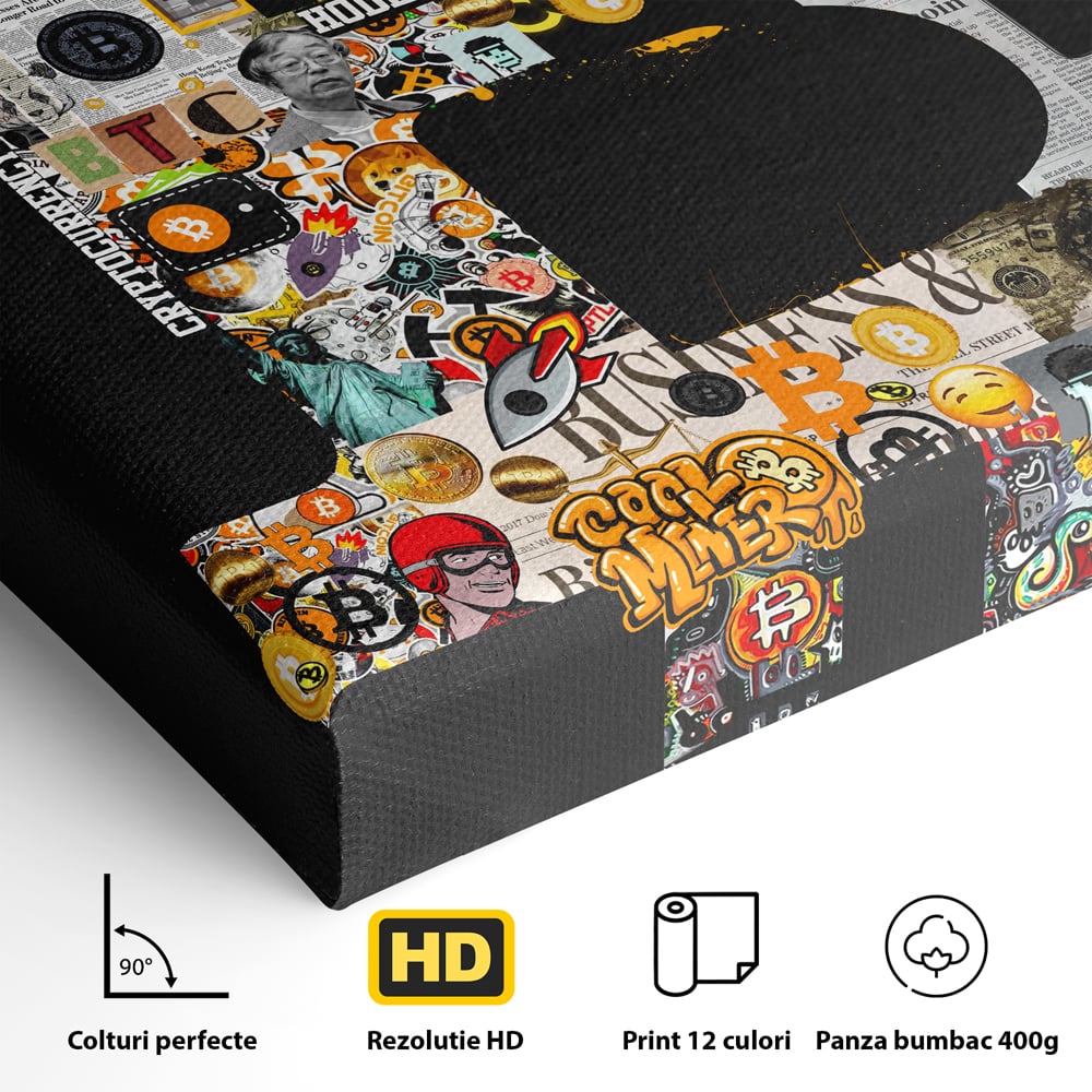 Tablou Canvas Premium LuxCanva® A1029, Bitcoin , Decorativ, Criptomoneda, BTC, Motivational, Culori Vibrante