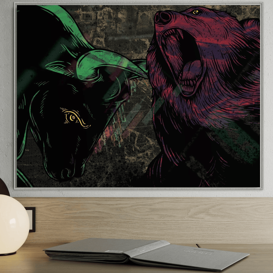 Tablou Canvas Premium A1040 de la LuxCanva® - cu un taur verde vibrant și un urs roșu, simbolizând piețele bursiere și bursiere - imprimat pe bumbac 100% panza, adaugă o notă financiară dinamică spațiului dvs. de lucru.