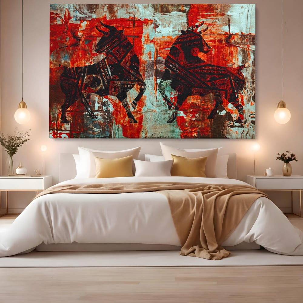 Tablou Canvas Premium, LuxCanva® A1041, Bull Market, Bull, Dollar, Financiar, Money, Culori Vibrante