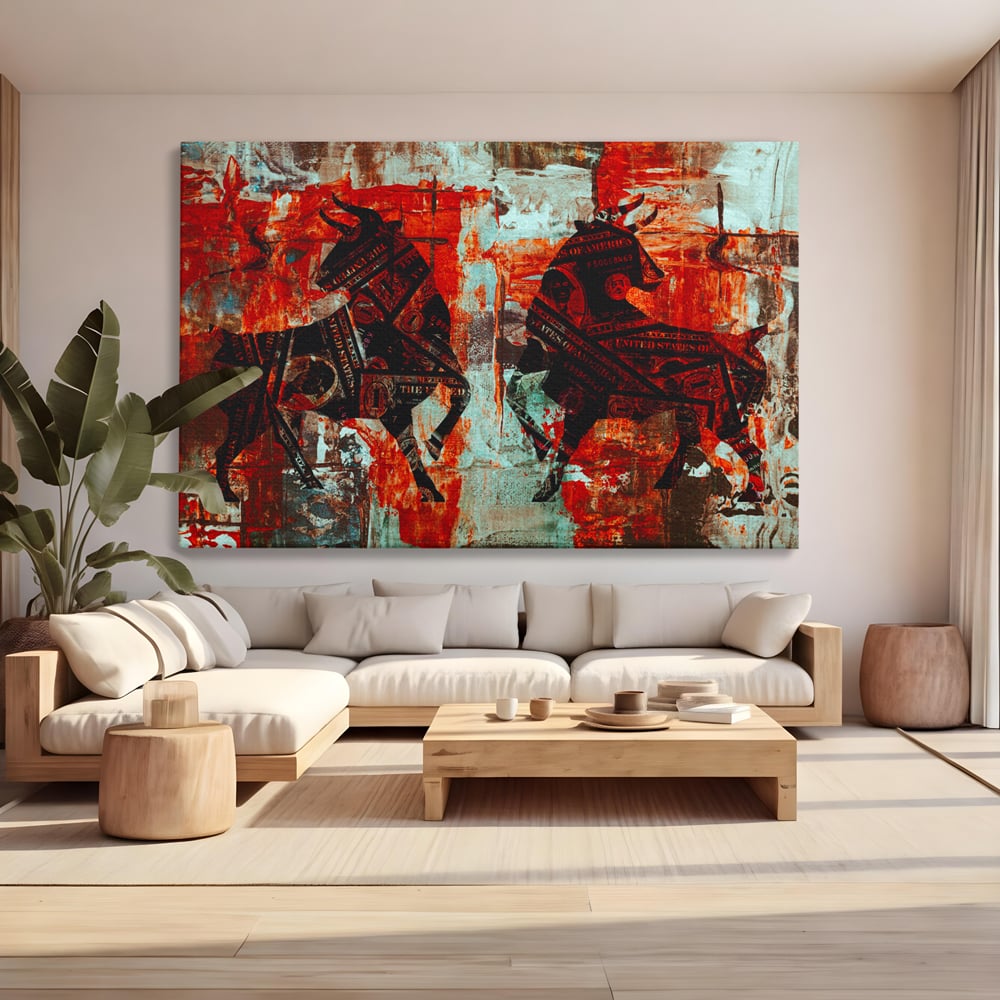 Tablou Canvas Premium, LuxCanva® A1041, Bull Market, Bull, Dollar, Financiar, Money, Culori Vibrante