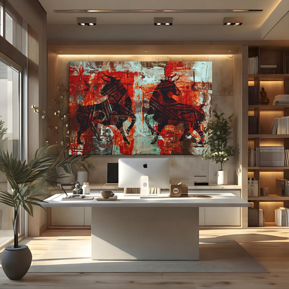 Tablou Canvas Premium, LuxCanva® A1041, Bull Market, Bull, Dollar, Financiar, Money, Culori Vibrante