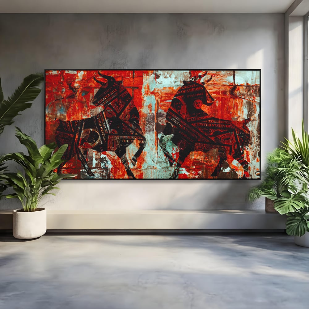 Tablou Canvas Premium, LuxCanva® A1041, Bull Market, Bull, Dollar, Financiar, Money, Culori Vibrante