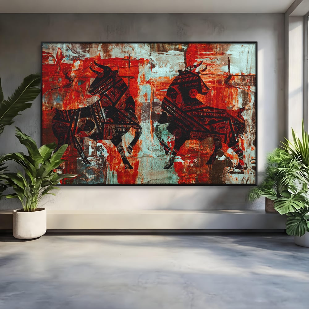 Tablou Canvas Premium, LuxCanva® A1041, Bull Market, Bull, Dollar, Financiar, Money, Culori Vibrante