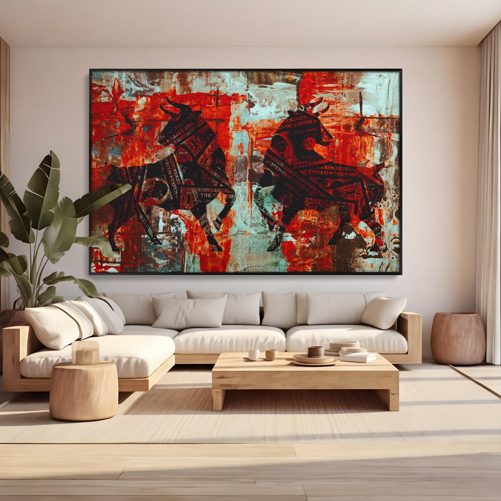 Tablou Canvas Premium, LuxCanva® A1041, Bull Market, Bull, Dollar, Financiar, Money, Culori Vibrante