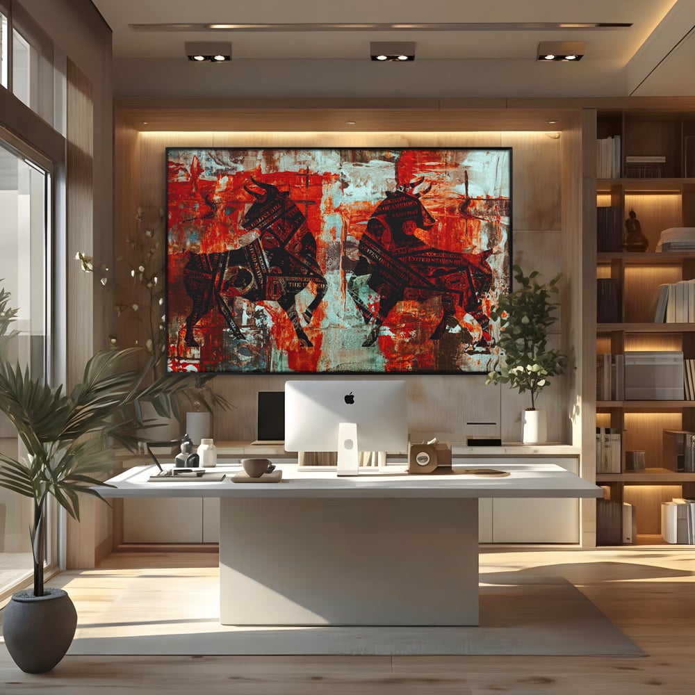 Tablou Canvas Premium, LuxCanva® A1041, Bull Market, Bull, Dollar, Financiar, Money, Culori Vibrante