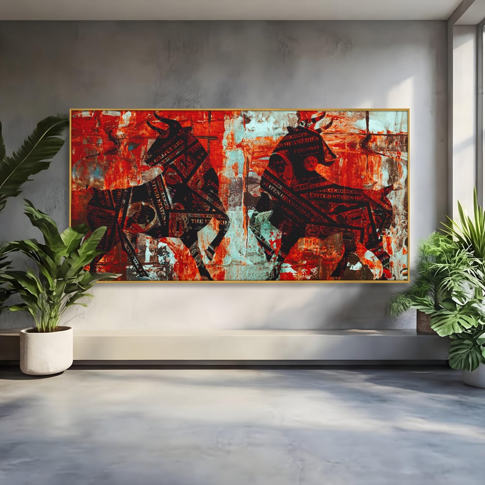 Tablou Canvas Premium, LuxCanva® A1041, Bull Market, Bull, Dollar, Financiar, Money, Culori Vibrante