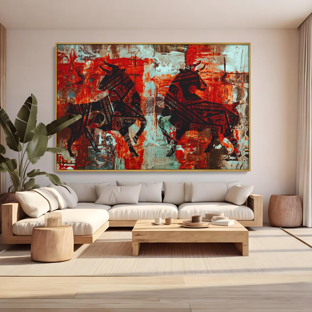 Tablou Canvas Premium, LuxCanva® A1041, Bull Market, Bull, Dollar, Financiar, Money, Culori Vibrante