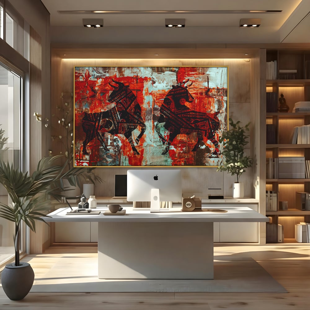 Tablou Canvas Premium, LuxCanva® A1041, Bull Market, Bull, Dollar, Financiar, Money, Culori Vibrante