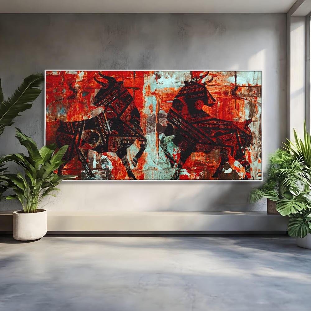 Tablou Canvas Premium, LuxCanva® A1041, Bull Market, Bull, Dollar, Financiar, Money, Culori Vibrante