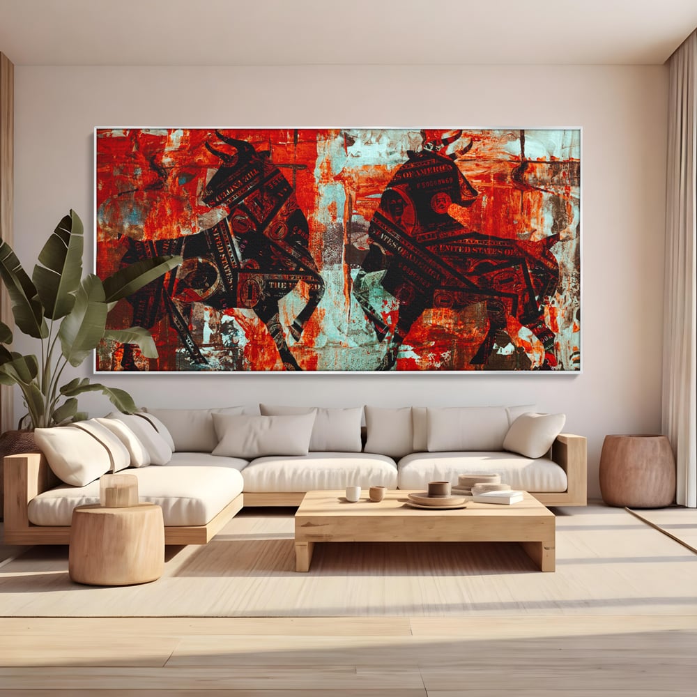 Tablou Canvas Premium, LuxCanva® A1041, Bull Market, Bull, Dollar, Financiar, Money, Culori Vibrante