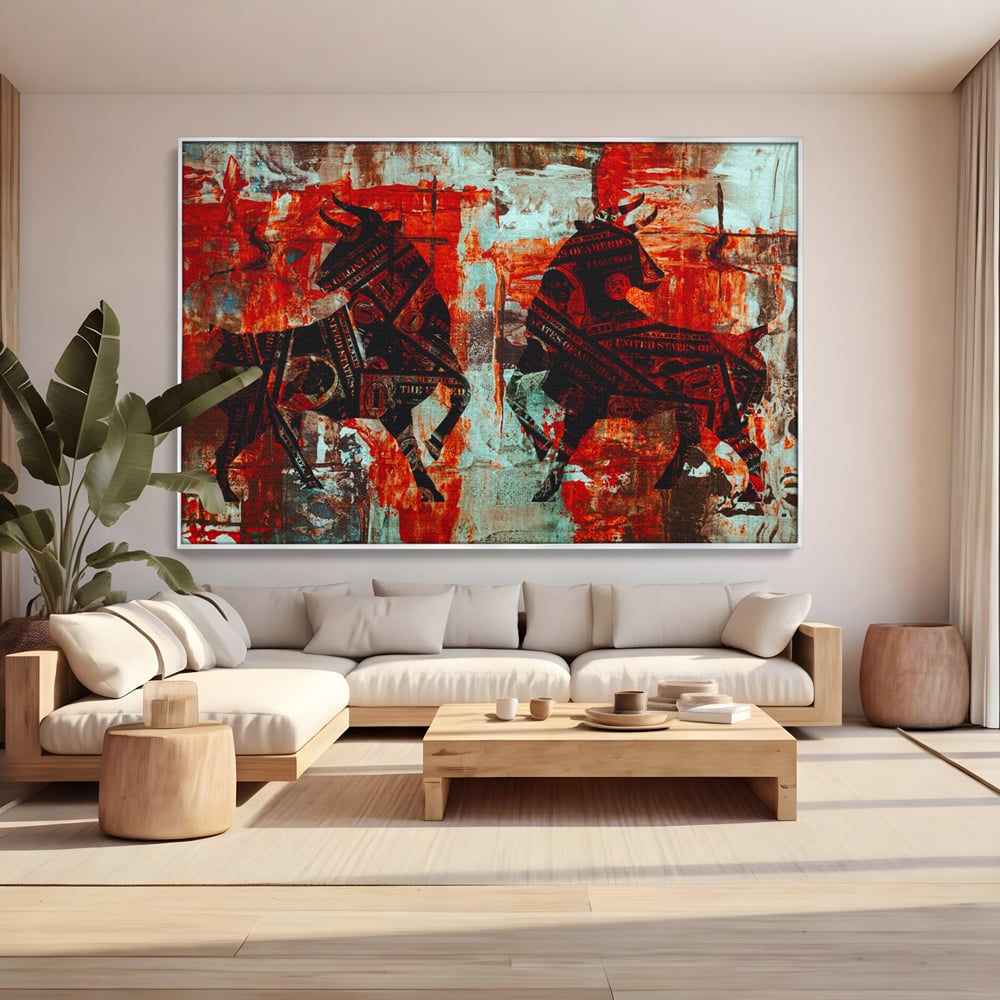 Tablou Canvas Premium, LuxCanva® A1041, Bull Market, Bull, Dollar, Financiar, Money, Culori Vibrante