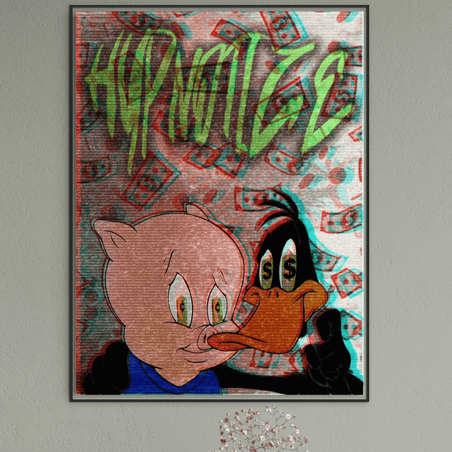 Experimentați culorile vibrante cu LuxCanva® Premium Canvas A1043 cu Daffy Duck și Porky Pig din Looney Tunes, înconjurați de dolari plutitori și graffiti "Hipnoza". Arta înrămeiată perfectă pentru fanii desenelor animate!.