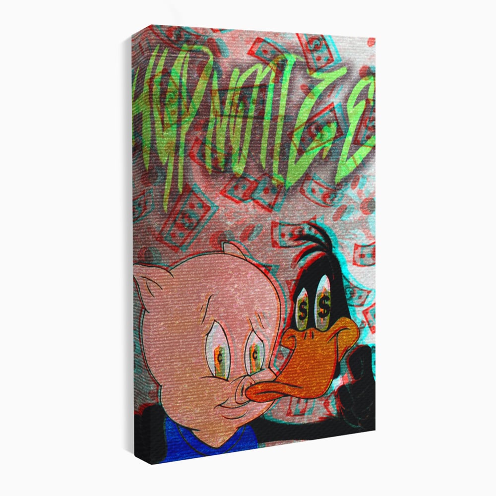 Tablou Canvas Premium, LuxCanva® A1043, Daffy Duck Porky Pig, Desene Animate, Looney Tunes, Dollar, Hipnoza, Culori Vibrante