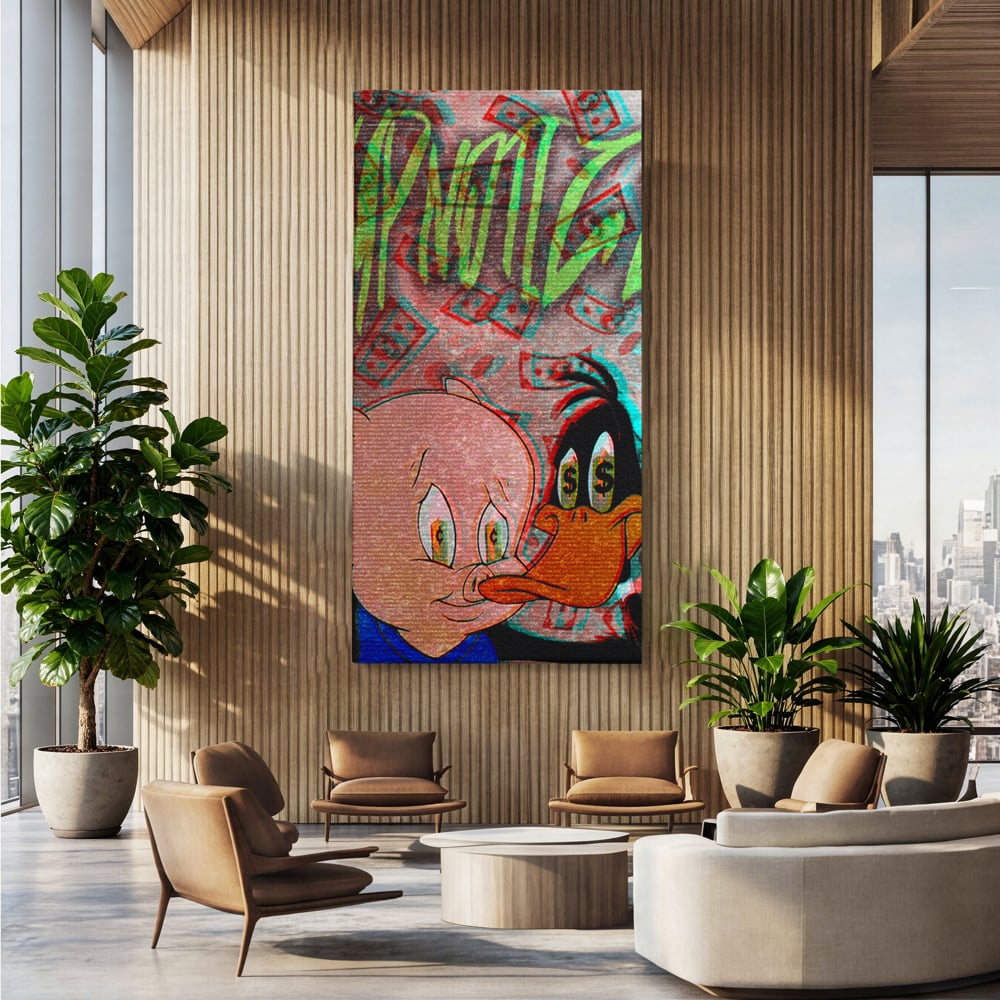 Tablou Canvas Premium, LuxCanva® A1043, Daffy Duck Porky Pig, Desene Animate, Looney Tunes, Dollar, Hipnoza, Culori Vibrante