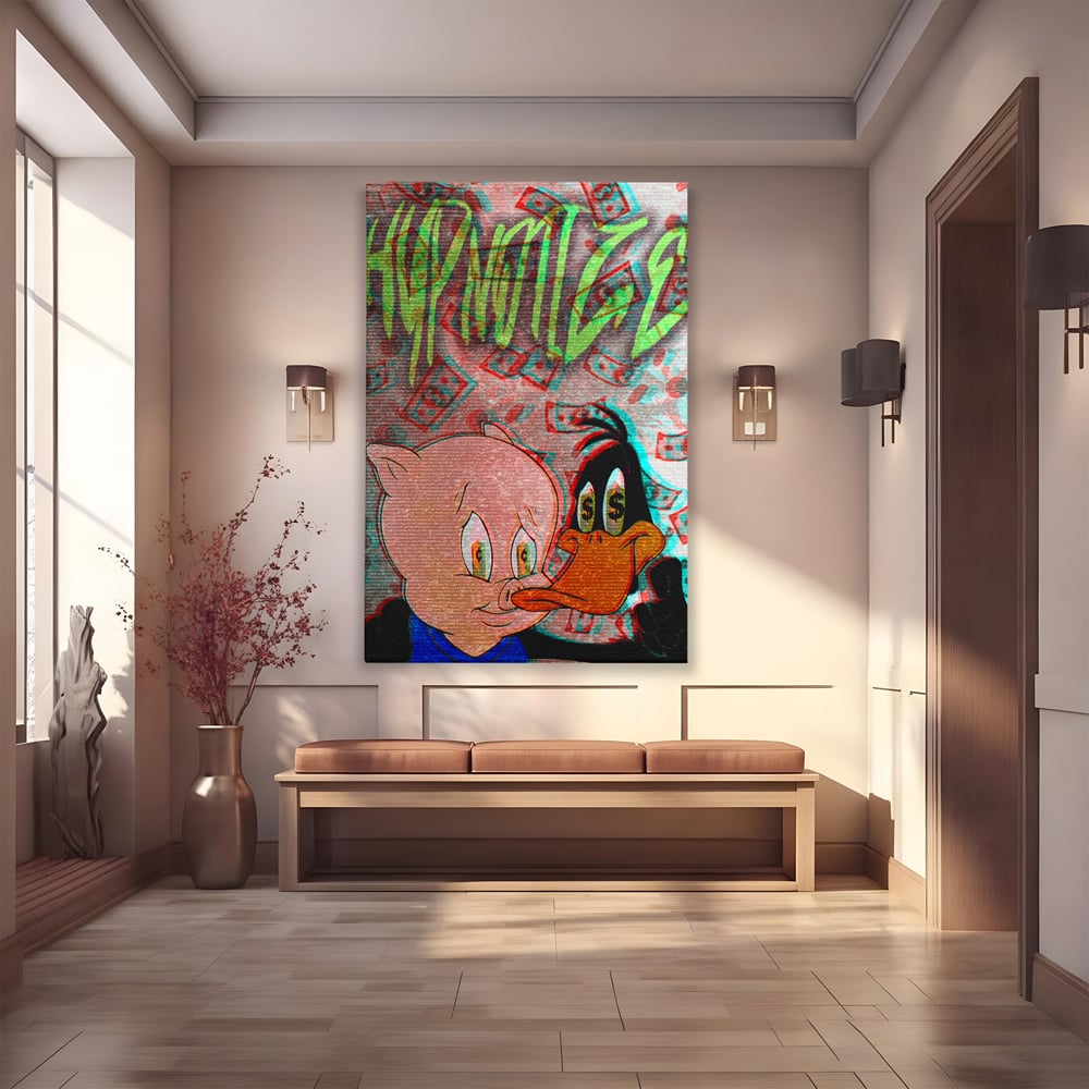 Tablou Canvas Premium, LuxCanva® A1043, Daffy Duck Porky Pig, Desene Animate, Looney Tunes, Dollar, Hipnoza, Culori Vibrante