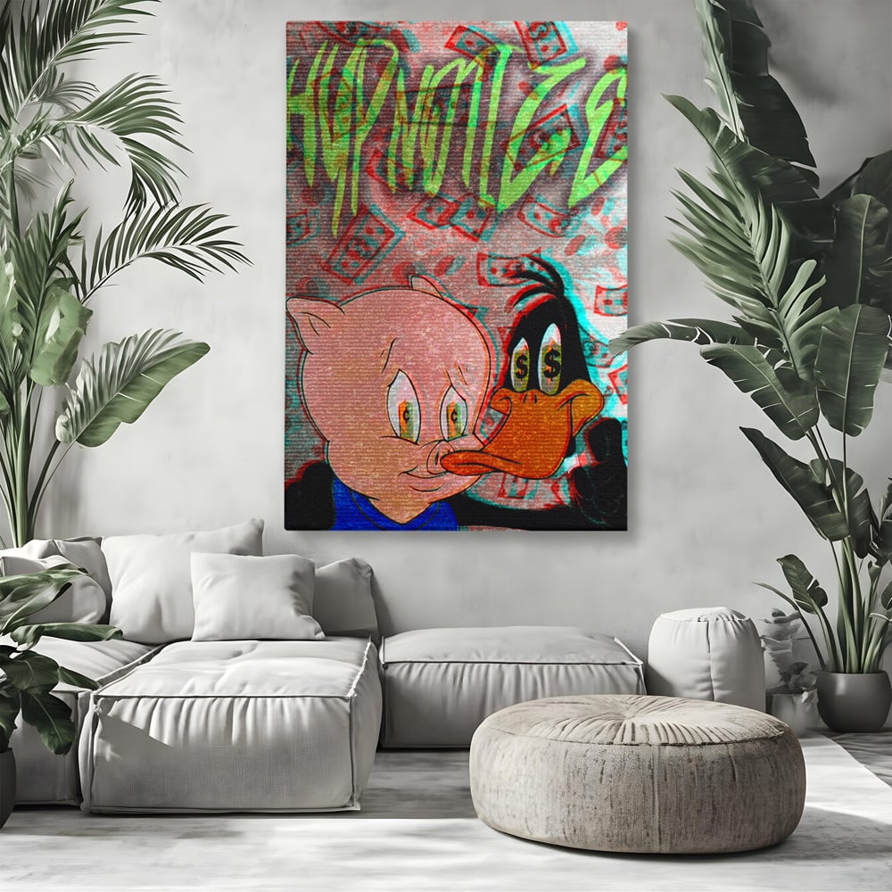 Tablou Canvas Premium, LuxCanva® A1043, Daffy Duck Porky Pig, Desene Animate, Looney Tunes, Dollar, Hipnoza, Culori Vibrante