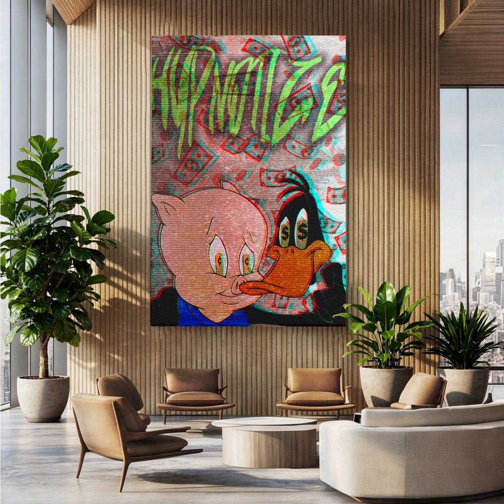 Tablou Canvas Premium, LuxCanva® A1043, Daffy Duck Porky Pig, Desene Animate, Looney Tunes, Dollar, Hipnoza, Culori Vibrante