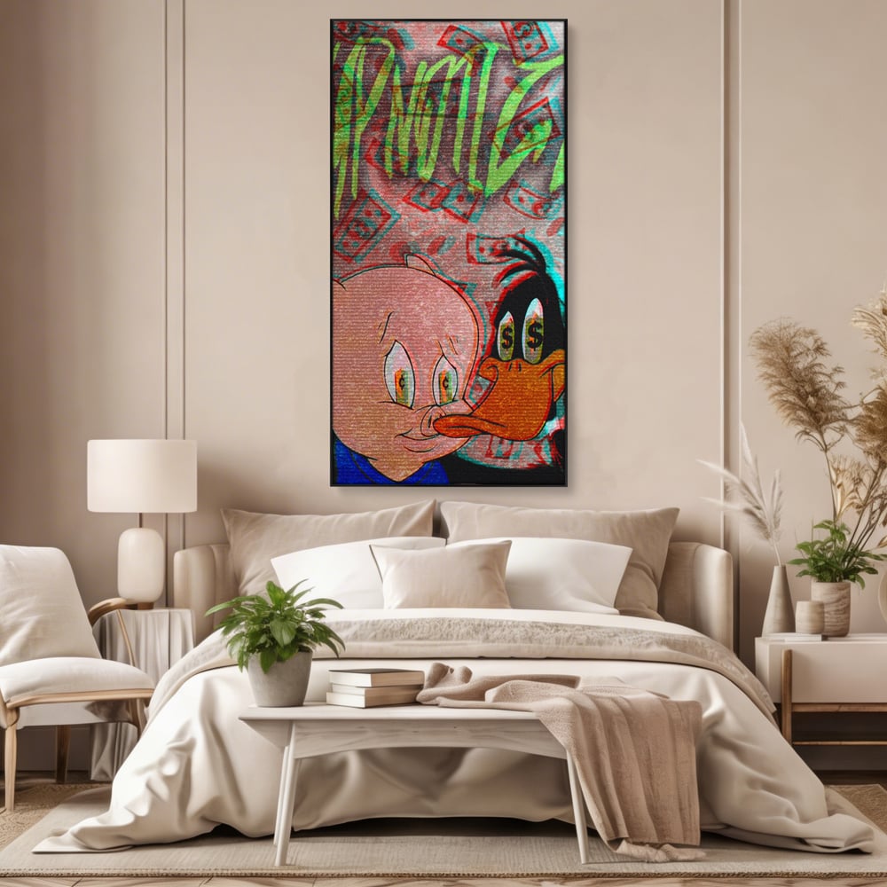 Tablou Canvas Premium, LuxCanva® A1043, Daffy Duck Porky Pig, Desene Animate, Looney Tunes, Dollar, Hipnoza, Culori Vibrante