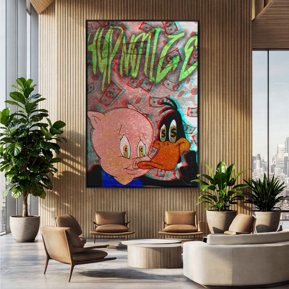 Tablou Canvas Premium, LuxCanva® A1043, Daffy Duck Porky Pig, Desene Animate, Looney Tunes, Dollar, Hipnoza, Culori Vibrante