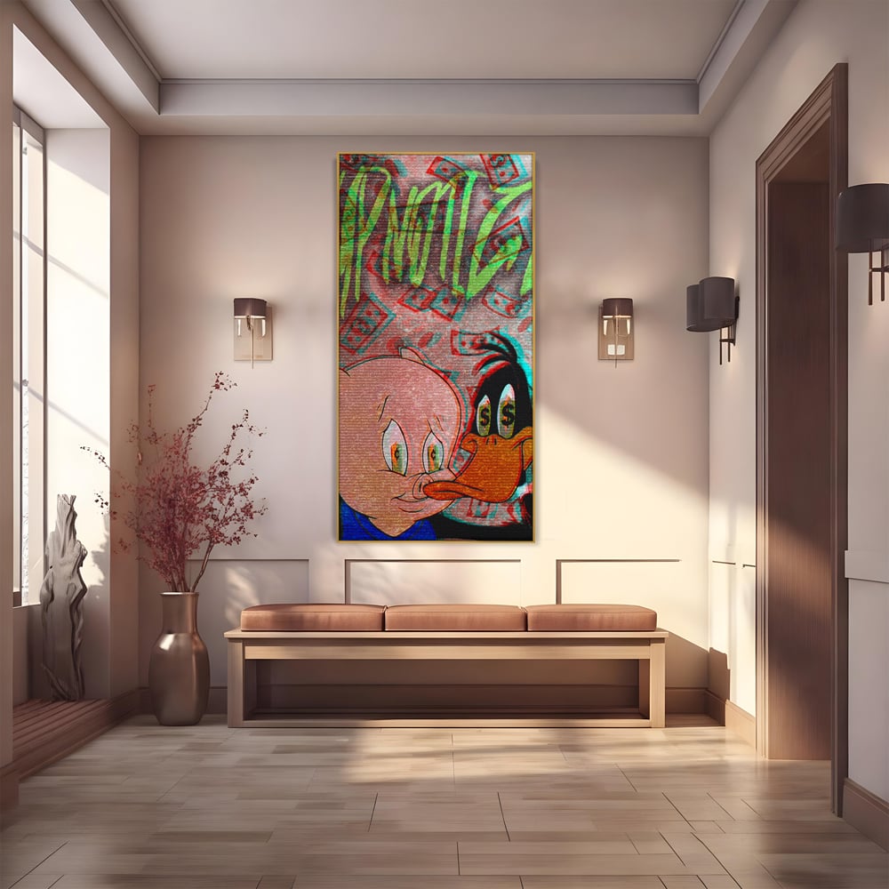 Tablou Canvas Premium, LuxCanva® A1043, Daffy Duck Porky Pig, Desene Animate, Looney Tunes, Dollar, Hipnoza, Culori Vibrante