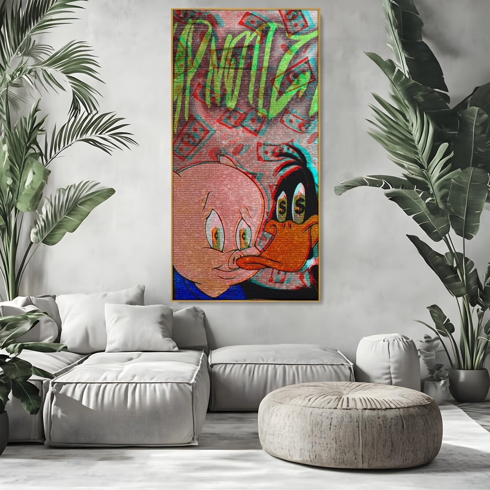 Tablou Canvas Premium, LuxCanva® A1043, Daffy Duck Porky Pig, Desene Animate, Looney Tunes, Dollar, Hipnoza, Culori Vibrante