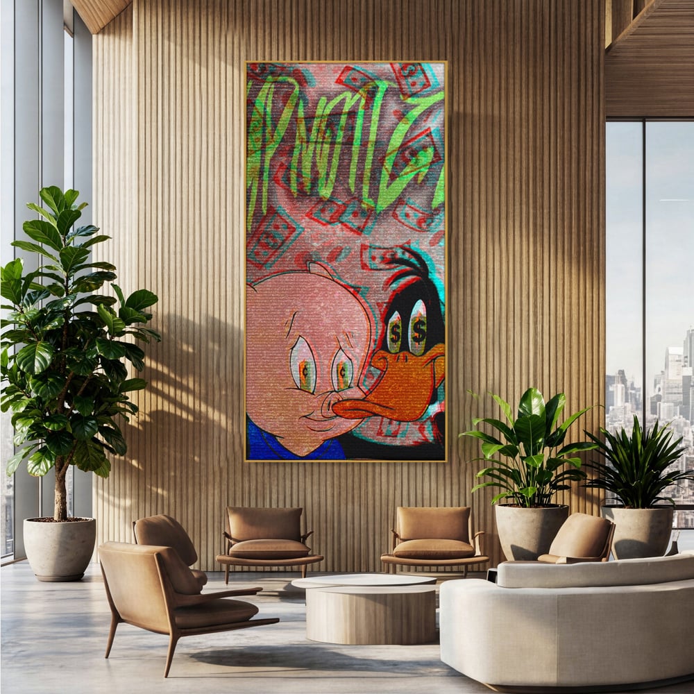 Tablou Canvas Premium, LuxCanva® A1043, Daffy Duck Porky Pig, Desene Animate, Looney Tunes, Dollar, Hipnoza, Culori Vibrante