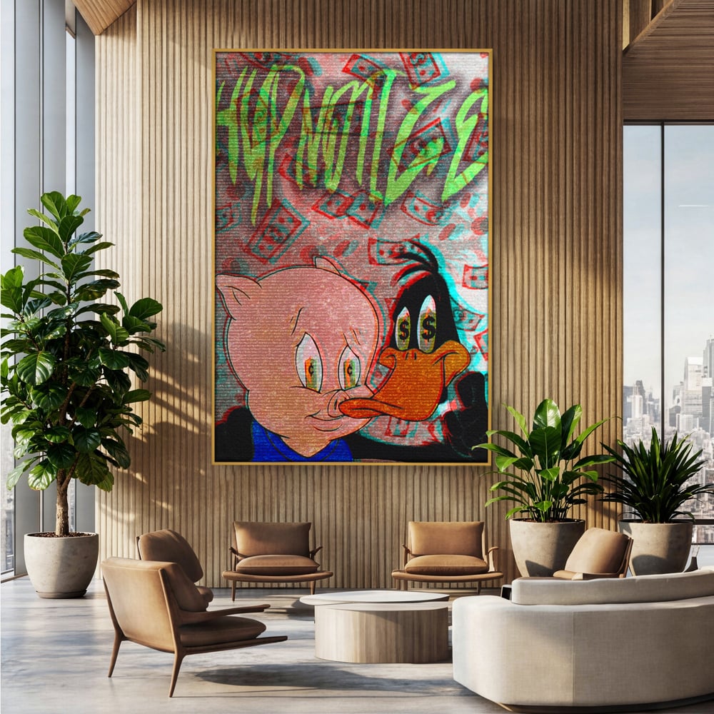 Tablou Canvas Premium, LuxCanva® A1043, Daffy Duck Porky Pig, Desene Animate, Looney Tunes, Dollar, Hipnoza, Culori Vibrante