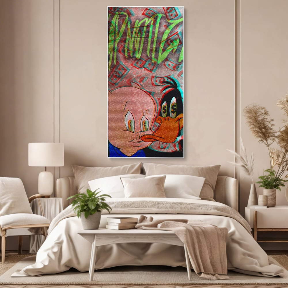 Tablou Canvas Premium, LuxCanva® A1043, Daffy Duck Porky Pig, Desene Animate, Looney Tunes, Dollar, Hipnoza, Culori Vibrante