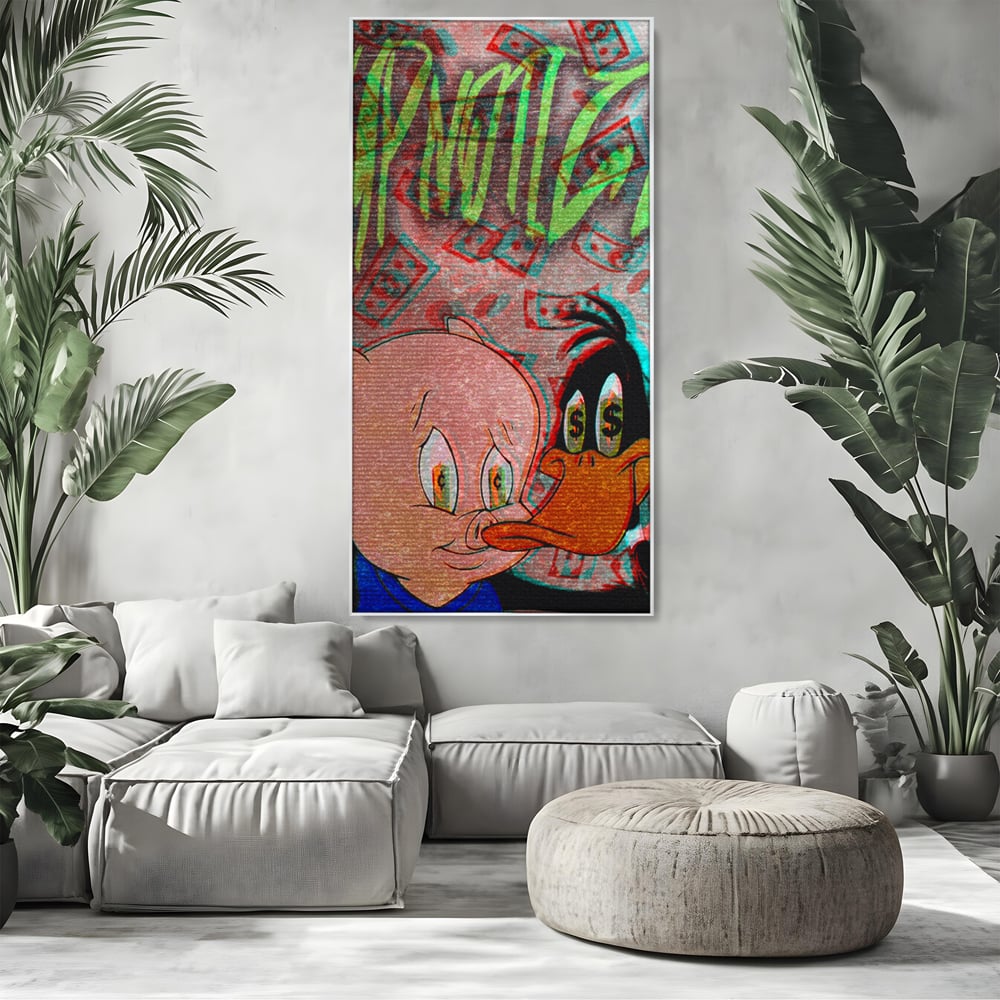 Tablou Canvas Premium, LuxCanva® A1043, Daffy Duck Porky Pig, Desene Animate, Looney Tunes, Dollar, Hipnoza, Culori Vibrante